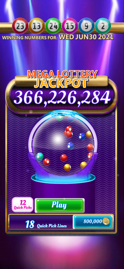 Scratch Off Lottery Casino - Écran du Jackpot de Loterie Méga montrant un gros prix et une machine à boules de loterie.