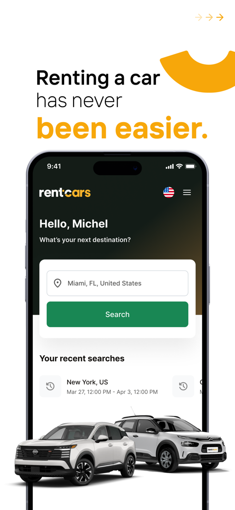 마이애미 목적지 필드 및 최근 검색이 있는 렌터카 검색 화면을 보여주는 Rentcars 앱 인터페이스