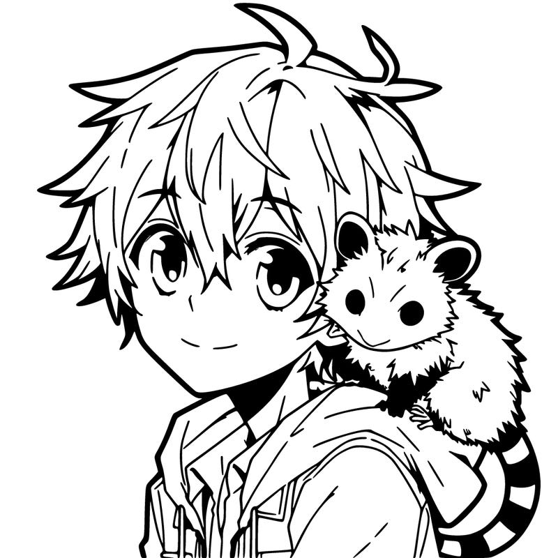 anime boy with opossum on shoulder