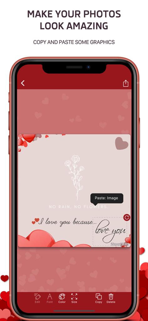 Pantalla de iPhone mostrando el editor de Creador de Tarjetas de Amor con un diseño de tarjeta romántica