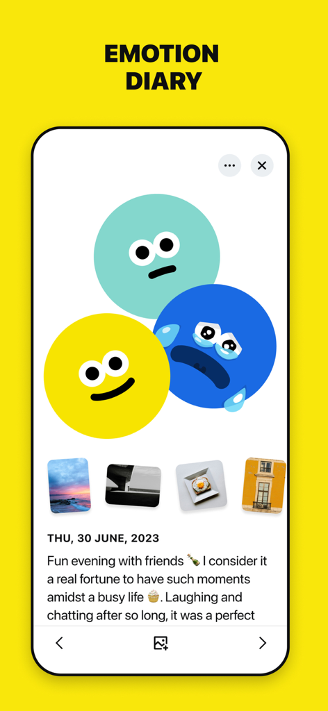 Emolog - Diary & Mood Tracker - Emolog emotion diary screen displaying colorful emojis, personal journal entry, and small photos.