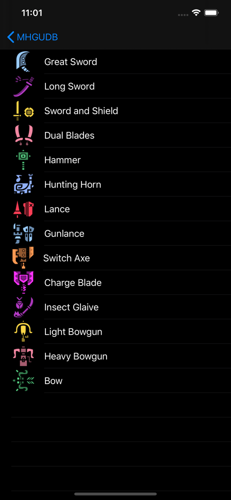 MHGU Database - A list of Monster Hunter Generations Ultimate weapon types with colorful icons in the MHGU Database app.