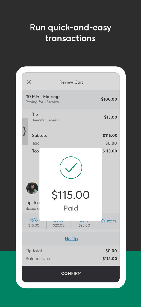 Mindbody Business - Interfaz de la aplicación Mindbody Business que muestra una confirmación de pago exitosa para un servicio de masaje