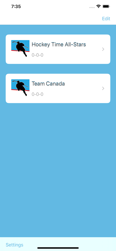 Hockey Time - Hockey Time app team selection screen showing Team Canada and All Stars