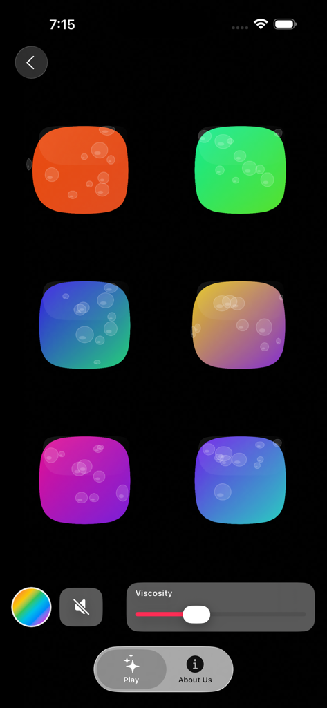 Sensory Slimes - Interface de l'application Sensory Slimes montrant des choix de slime colorés et des paramètres