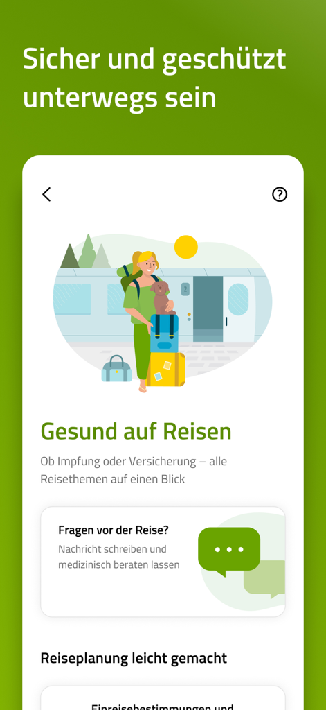 BARMER Teledoktor app screen showing travel health advice and medical consultation services