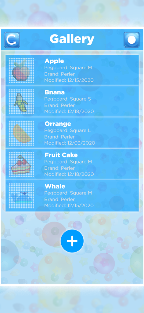 Beads Art Creator - Gallery screen of the Beads Art Creator app displaying completed pixel bead art projects such as an apple and a whale.