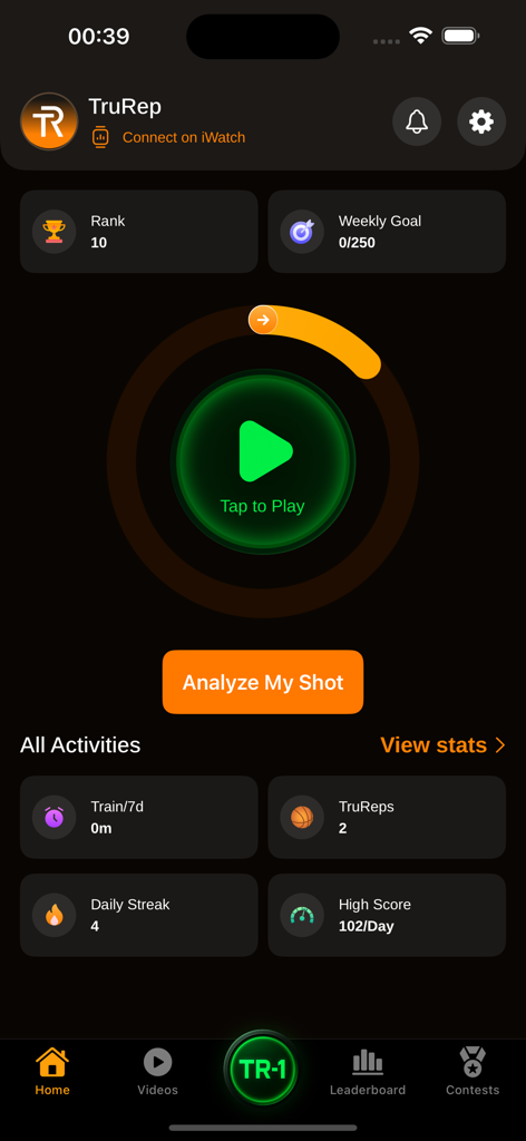 TruRep Basketball Shot Trainer - TruRepバスケットボールシュートトレーナーアプリのホーム画面、シュート統計と分析ダッシュボードを表示