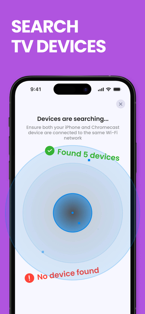 Screen Mirroring &‎ TV Cast - Interfaz de la aplicación Duplicación de Pantalla buscando dispositivos de TV cercanos para conectar a través de Wi-Fi.