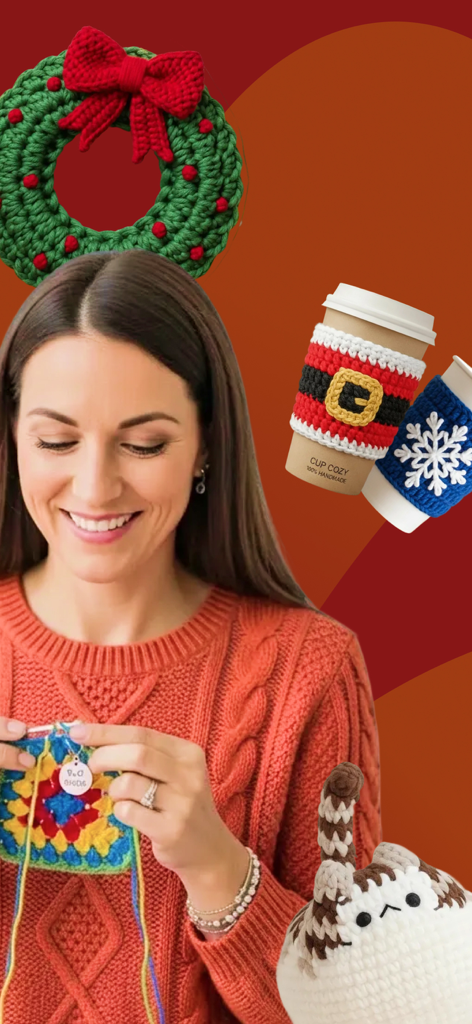 A young woman crocheting a colorful square surrounded by handmade items like a wreath and cup cozies