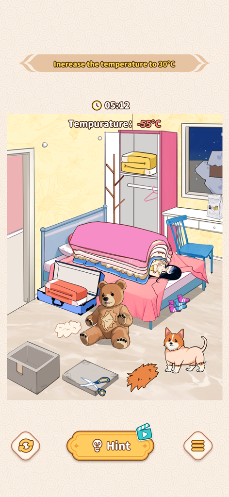 A puzzle level in Brain Puzzle Tricky Quest where the objective is to warm up a freezing room