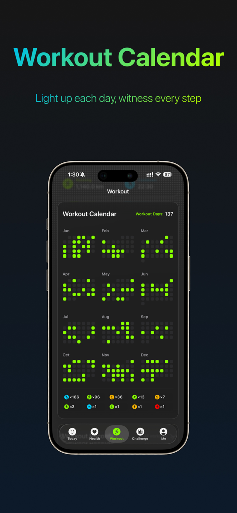 Me - Make health intuitive - アクティブな日とフィットネスの一貫性を年単位のヒートマップで視覚化した、Meアプリのワークアウトカレンダー。