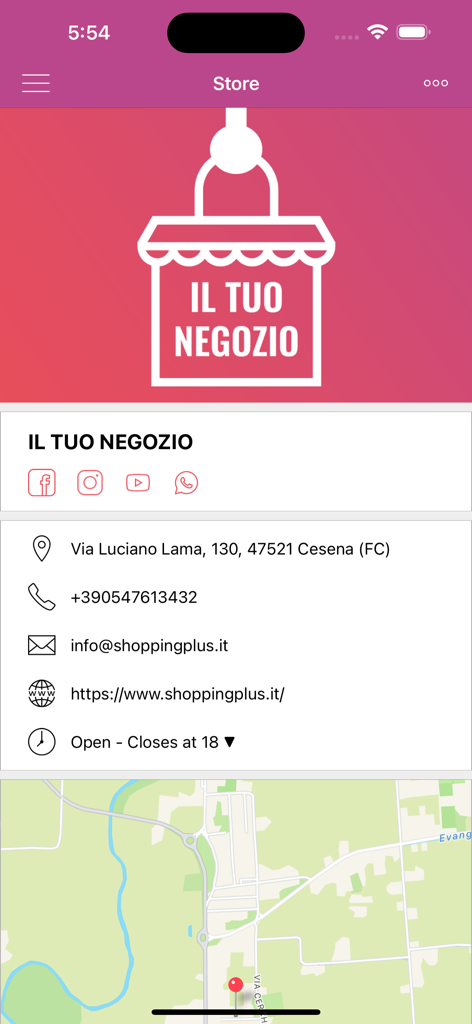 FidelityApp - FidelityAppの店舗情報画面。住所、連絡先詳細、ソーシャルリンク、地図が表示されています。