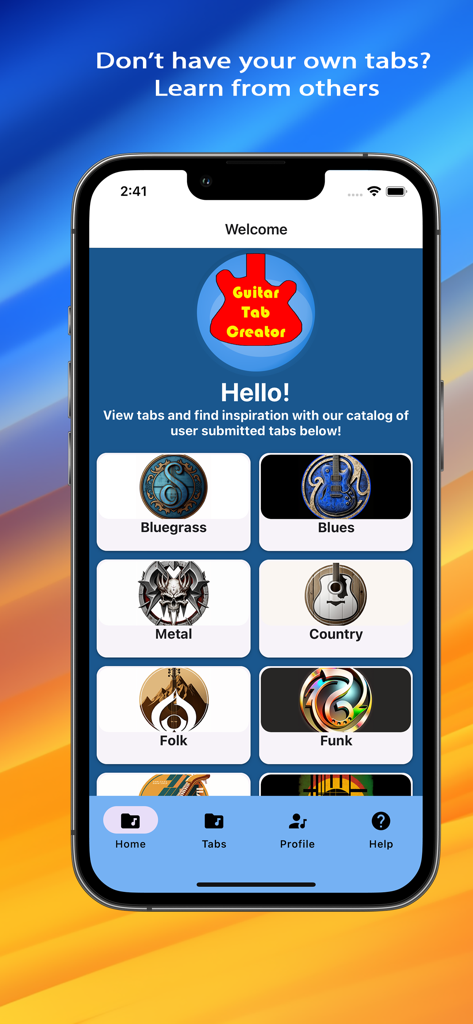 Guitar Tab Creator Player welcome screen showing music genre categories like Metal and Blues for user submitted tabs