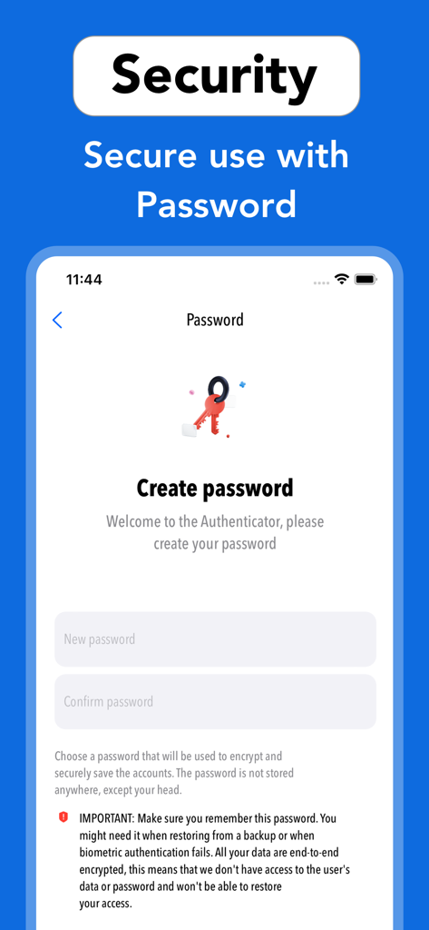 ユーザーアカウントを暗号化および保護するために使用される2FAオーセンティケーターアプリのパスワード作成画面。