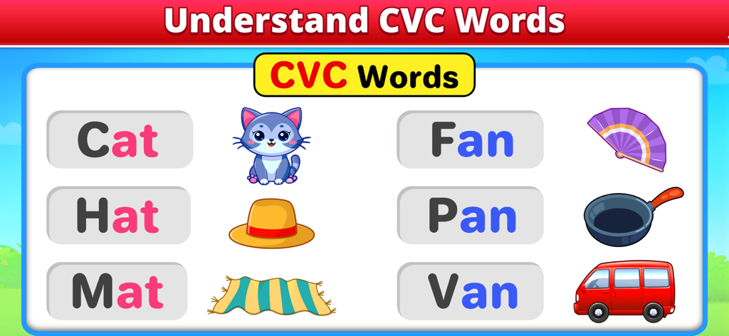 ABC Spelling - Spell & Phonics - Educational screen from ABC Spelling app showing CVC words with matching cartoon images for kids phonics practice.