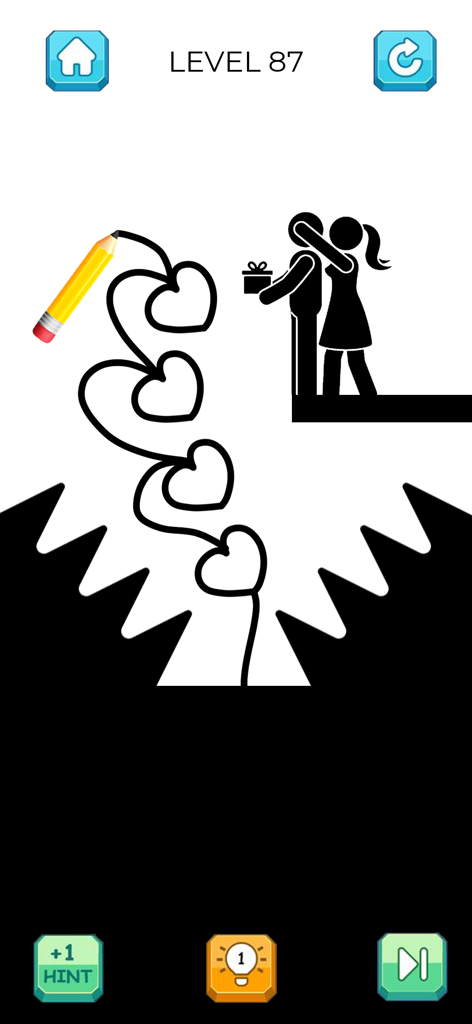 Un dessin d'une ligne en forme de cœur formant un pont pour sauver des bonshommes d'une fosse à pointes dans le niveau 87