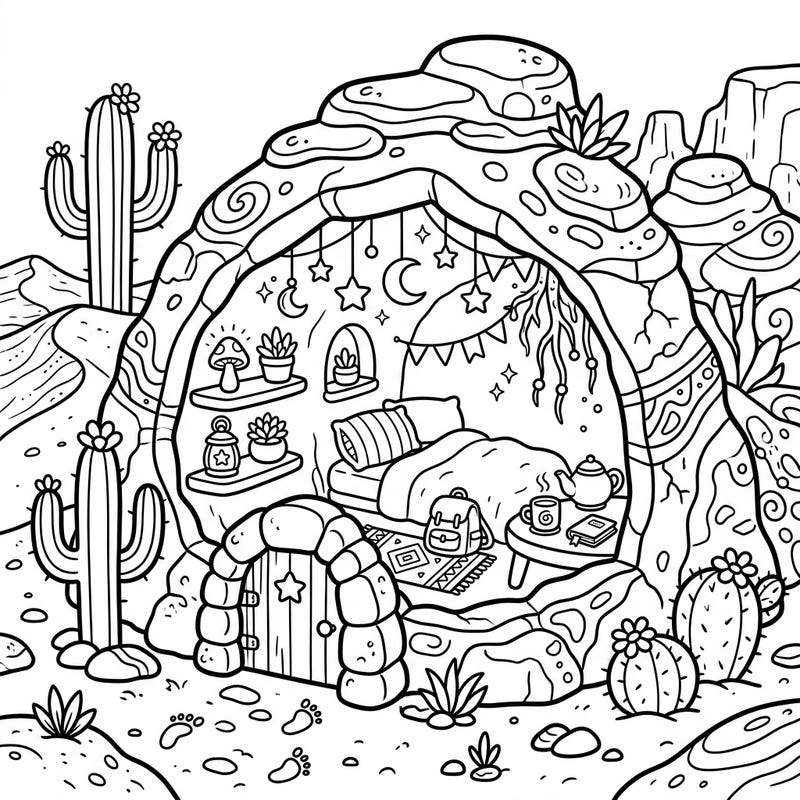 Step into a whimsical world with our Kawaii Desert Cave coloring page, blending cute aesthetics with a serene desert dwelling. This delightful scene invites you to add vibrant colors to its charming details and cozy nooks.