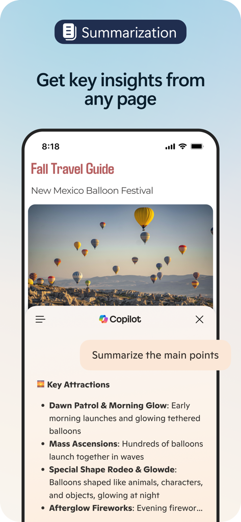 Microsoft Edge mobile browser using Copilot AI to summarize a webpage into key insights