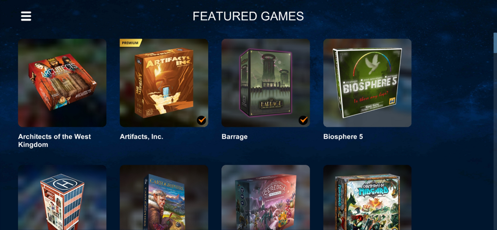 Tabletopia app interface showing a catalog of featured digital board games