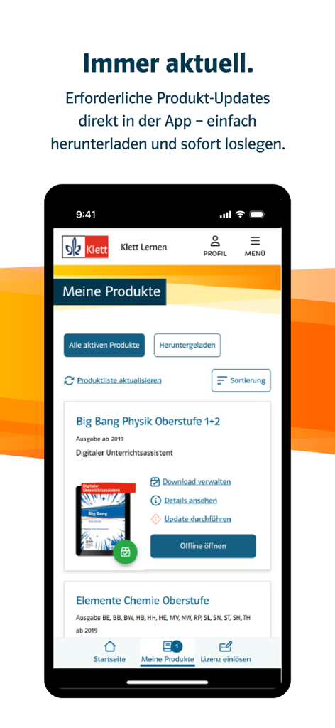 Oberfläche der Klett Lernen App, die eine Liste digitaler Lehrbücher mit Optionen zum Herunterladen und Öffnen von Inhalten offline anzeigt