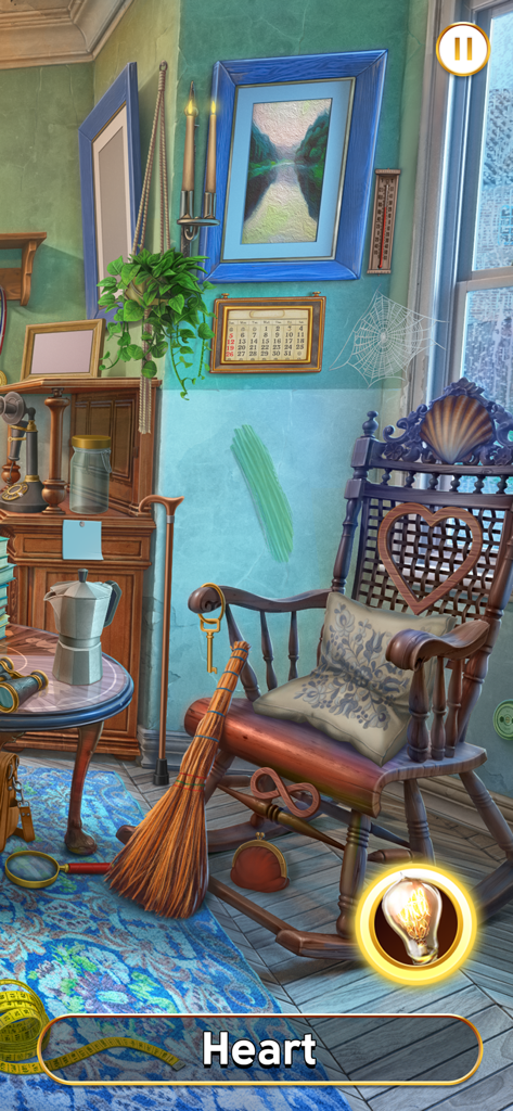 Captura de pantalla del juego Junes Journey que muestra una escena de objetos ocultos con una mecedora en forma de corazón y decoración vintage