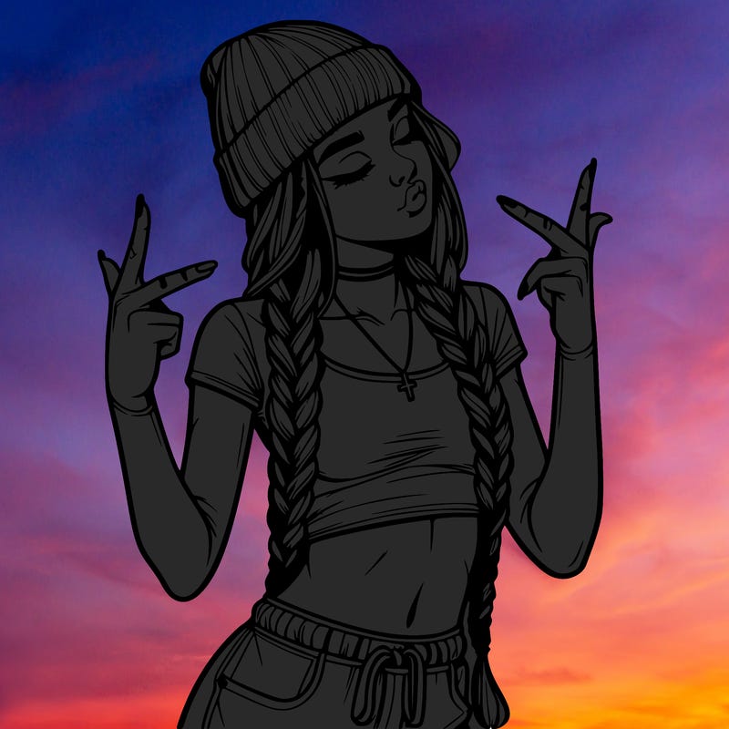realistic teenage girl with braids and a beanie and crop top doing 🫶🏼