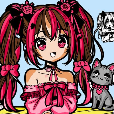 anime girl 2 ponytails with cat