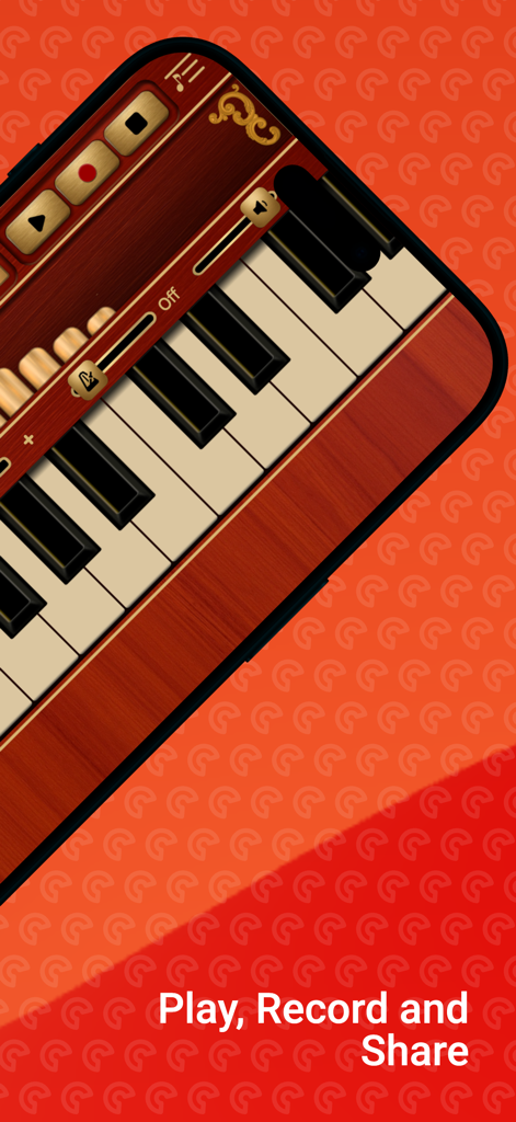 Street Organ - Interface of the Street Organ app featuring a vintage wooden keyboard and recording controls on an orange background