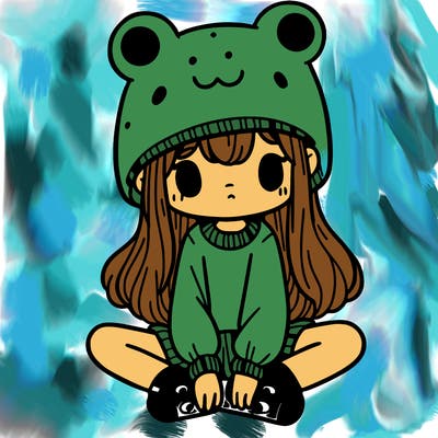 a girl wearing a frog hat and some frog socks