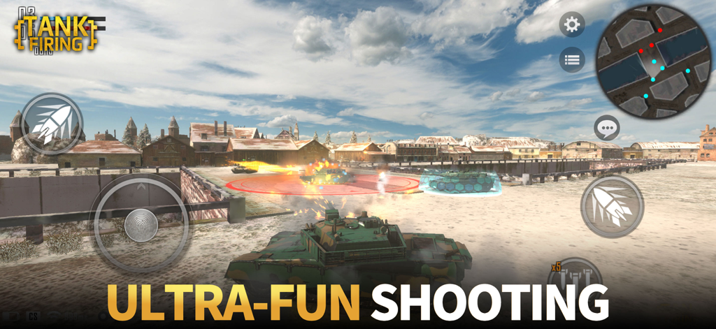 Tank Firing - Uma batalha de tanques 3D em andamento no jogo mobile Tank Firing, apresentando uma arena de combate urbana e controles de interface do usuário