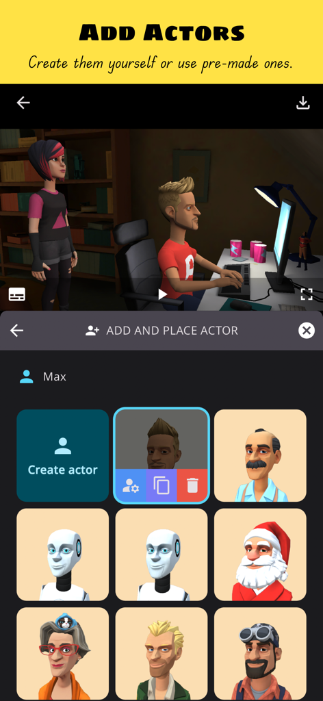 Plotagon Studio - Plotagon Studio interface for adding and creating 3D animated actors