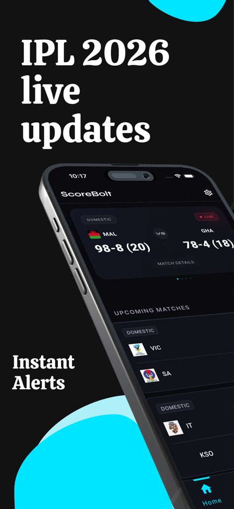 Interfaz de la aplicación CrickTrack con actualizaciones en vivo de la IPL 2026 y alertas instantáneas de partidos