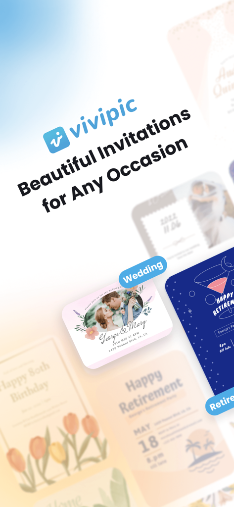 Vivipic - Invitation Maker - Vivipic app showcasing diverse invitation designs for weddings and birthdays