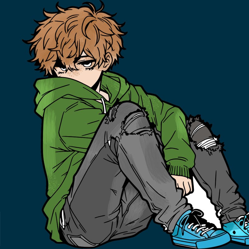 a male hoddie ripped jeans messy hair anime