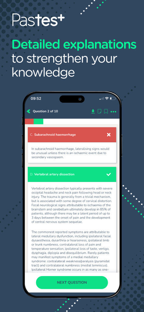 Pastest app interface showing a detailed medical explanation for a practice question.