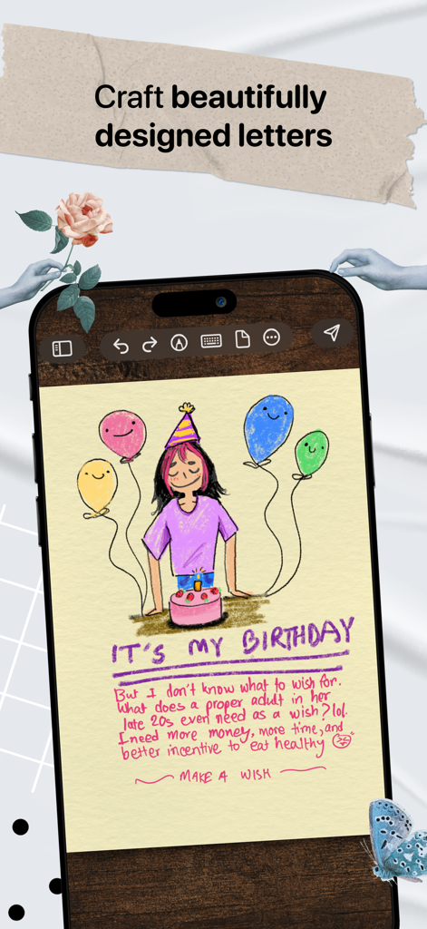 A digital handwritten birthday letter on a smartphone featuring a colorful drawing of a person with balloons and a birthday cake