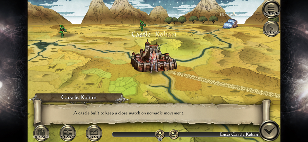 A character standing in front of Castle Kohan on the stylized world map in SaGa SCARLET GRACE AMBITIONS.