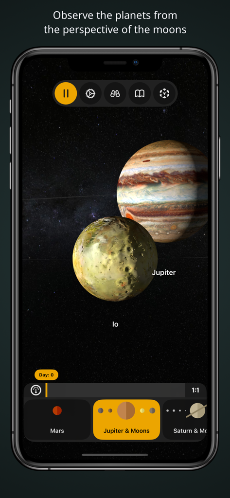 Screenshot of the solAR app showing a detailed 3D view of Jupiter and its moon Io from space