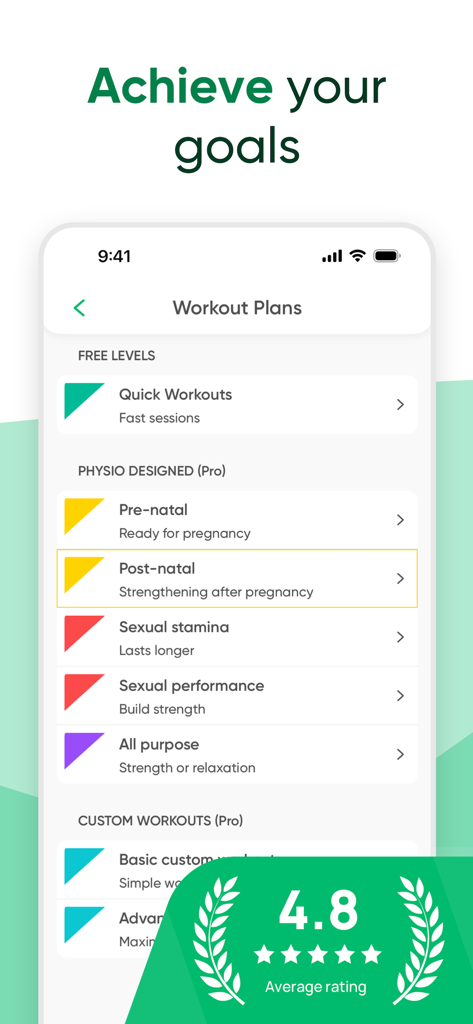 Beckenbodentraining-Pläne in der Kegel Trainer App, einschließlich postnataler und pränataler Sitzungen.