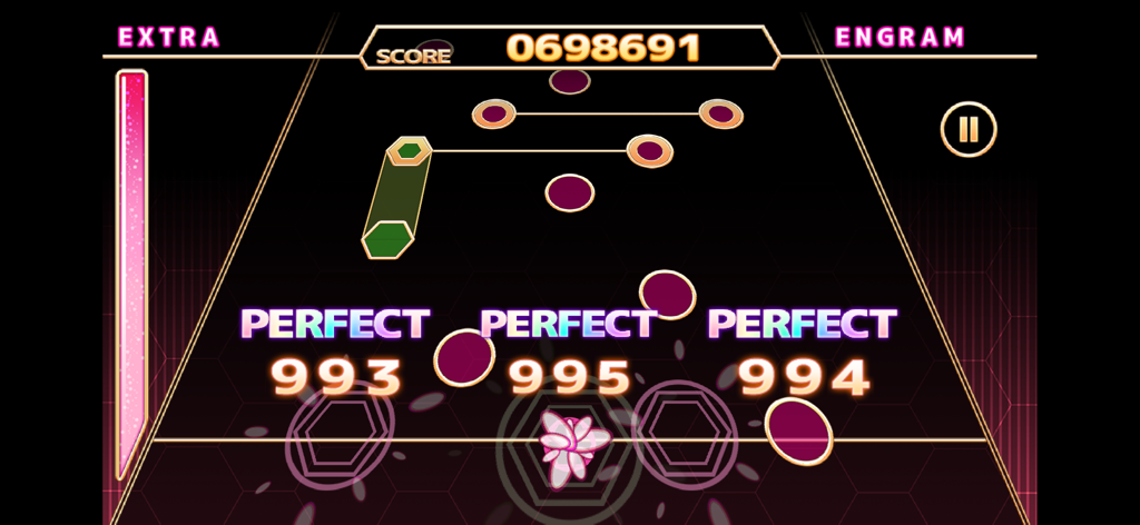 Écran de jeu du jeu musical ChainBeeT montrant des notes tombant sur une piste rythmique à thème néon avec des scores