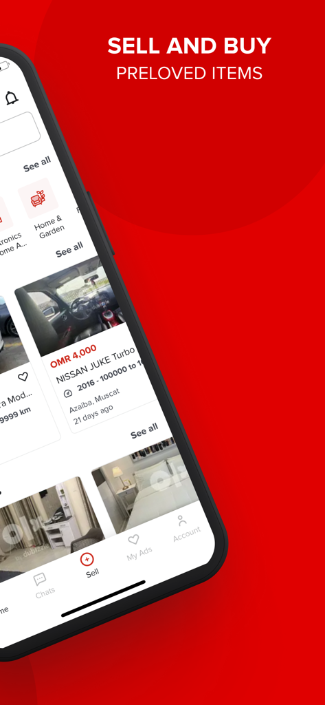dubizzle Oman - OLX Oman - Smartphone screen showing the dubizzle Oman app interface with listings for used cars and home items