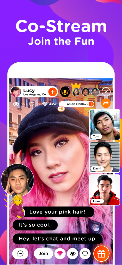 EME Hive - Dating, Go Live - A mobile screenshot of EME Hive app showing a co-stream live video chat feature with multiple participants and chat bubbles.