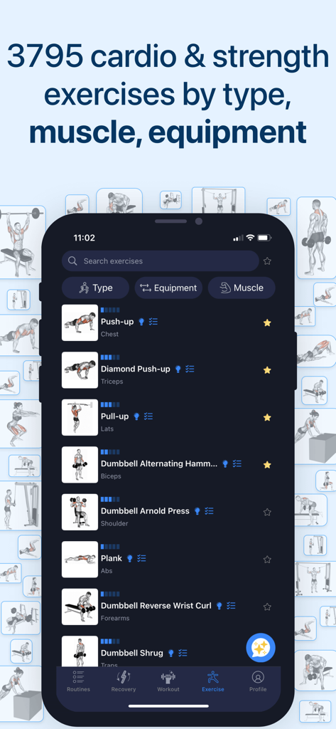 Mobile app interface showing a comprehensive list of strength and cardio exercises with filters for muscle and equipment.
