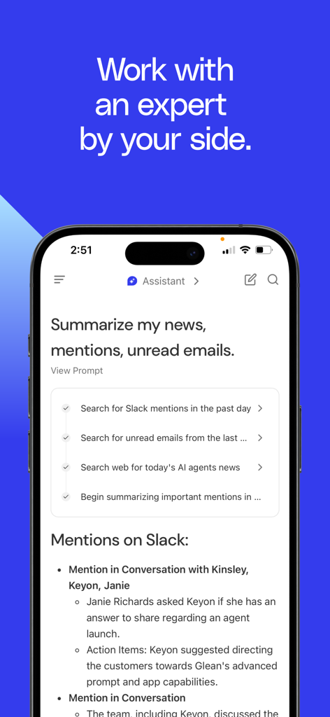 Screenshot of Glean Work app showing the AI assistant summarizing Slack mentions and unread emails