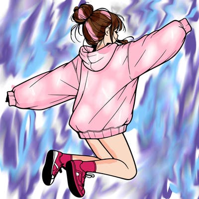 realistic girl jumping with a bun and oversized sweatshirt