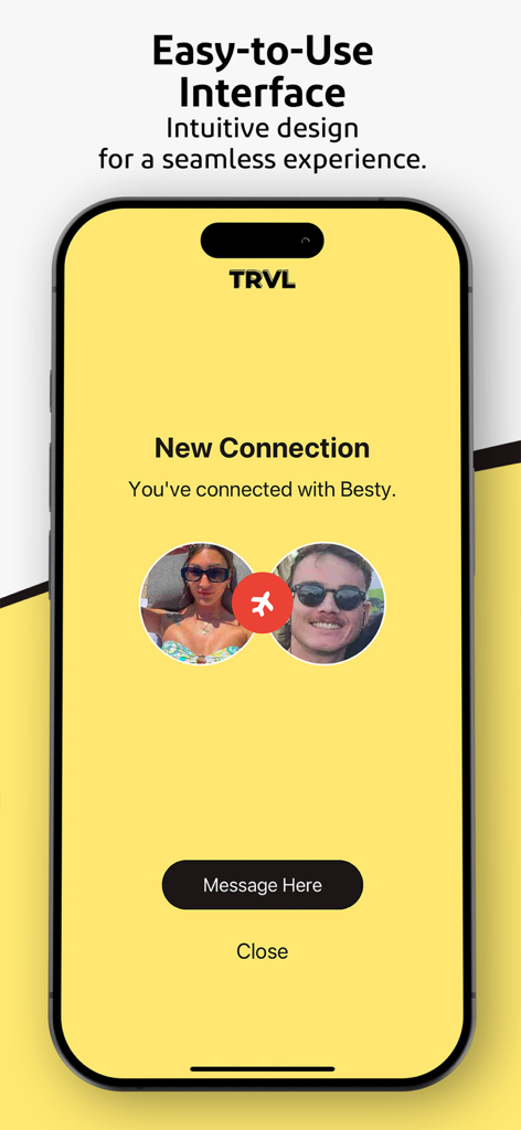 TRVL - Travel & Meet Friends - TRVL mobile app interface displaying a new connection between two travelers on a yellow background