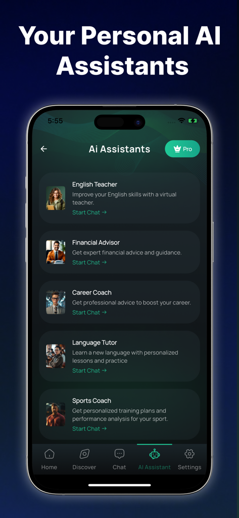 Chat AI Chatbot Ask Anything - The Info Bank app screen displaying a list of specialized AI assistants such as English Teacher and Financial Advisor.