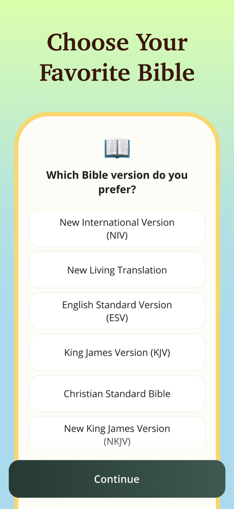 Écran de l'application montrant une liste de traductions de la Bible pour que l'utilisateur choisisse sa version préférée