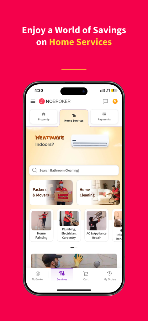 NoBroker-App-Oberfläche mit verschiedenen Haushaltsdiensten wie Reinigung, Malerarbeiten und Umzugsdiensten